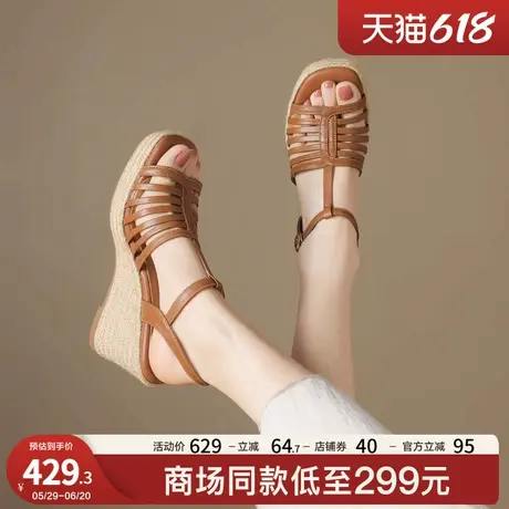 星期六编织条带复古坡跟罗马鞋女夏季外穿坡跟条带凉鞋气质高跟鞋图片