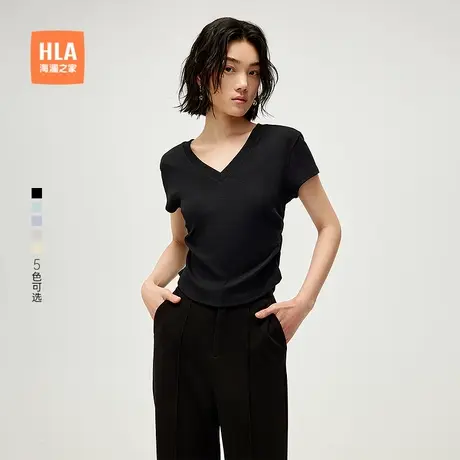 HLA/海澜之家时尚收腰短袖T恤25春夏新款V领微弹透气黑色短t女装商品大图