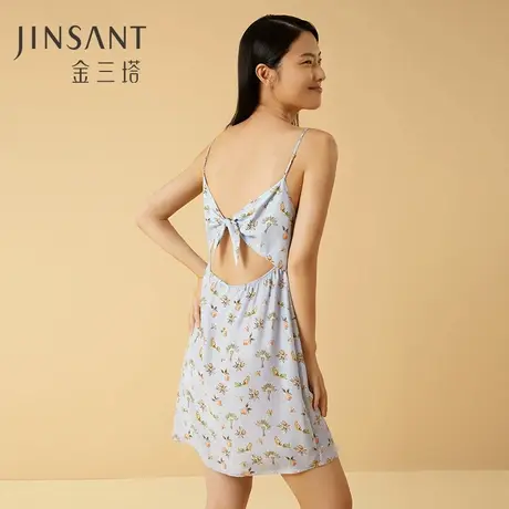 金三塔春夏新品 真丝睡衣女度假风可外穿桑蚕丝印花吊带睡裙商品大图