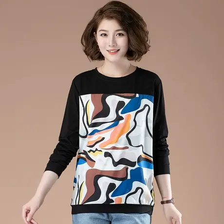 秋季加肥加大码女装长袖T恤宽松显瘦印花雪纺拼接中年妈妈打底衫商品大图