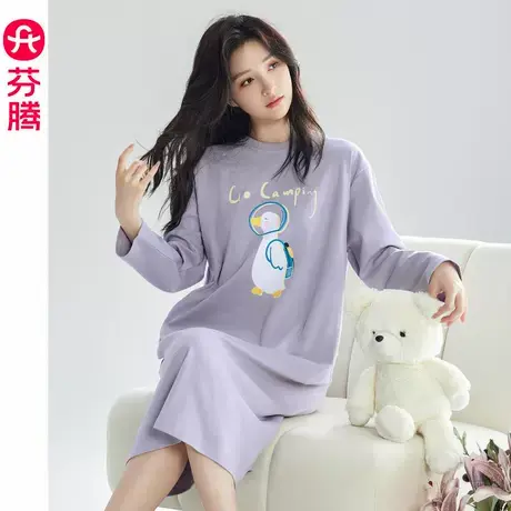 芬腾女睡裙春秋款可爱纯棉长袖大码秋冬款全棉2024新款睡衣家居服商品大图
