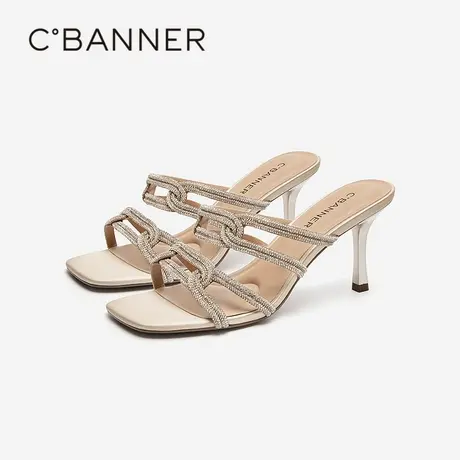 千百度水钻细高跟凉拖鞋女夏季新款通勤绝美外穿露趾气质拖鞋图片