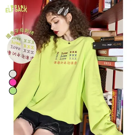 妖精的口袋字母刺绣圆领卫衣女2023春秋新款套头无帽宽松打底上衣商品大图