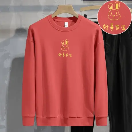 重磅纯棉中国红色卫衣男士兔年本命年新年衣服摇粒绒加绒圆领长袖商品大图