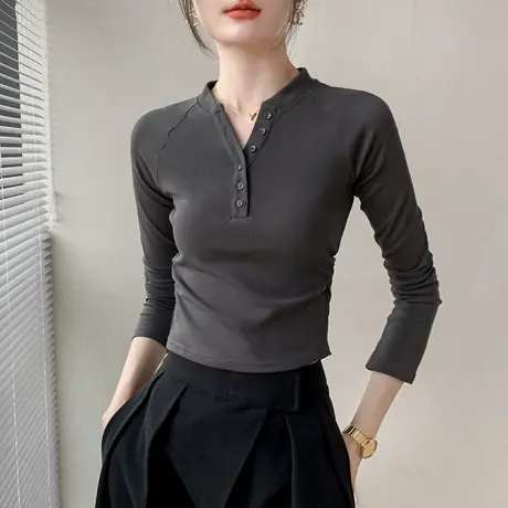 纯色纽扣半开领长袖T恤女2025秋新款百搭修身内搭打底衫简约上衣商品大图