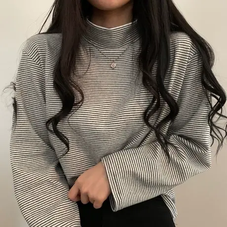 条纹半高领长袖T恤女春秋季韩版修身上衣双面德绒短款内搭打底衫图片