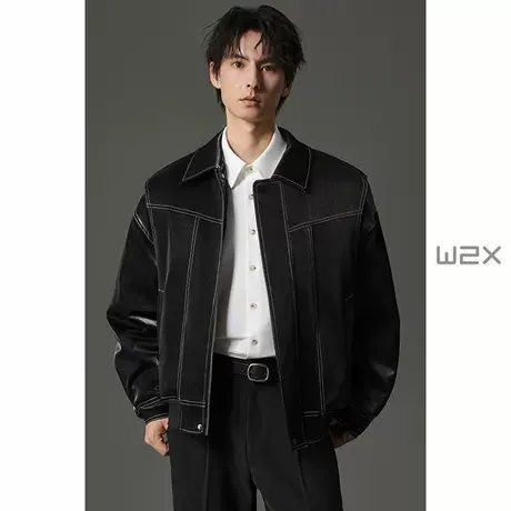 w2x冬季加厚款翻领假两件辑明线夹克外套男痞帅设计感休闲上衣潮图片