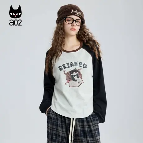 a02黑猫系列宽松圆领插肩袖T恤女2025新款秋季设计感可爱风打底衫商品大图