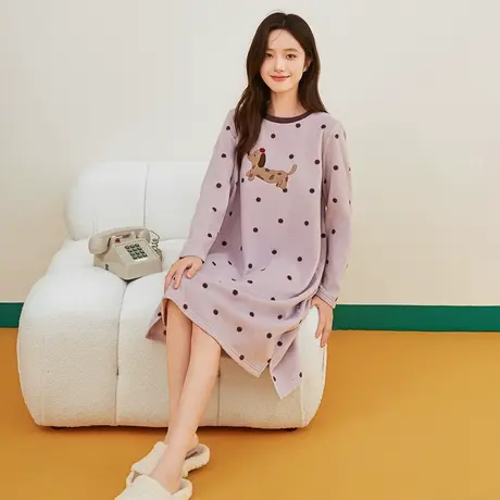 顶瓜瓜摇粒绒长袖睡裙女士秋冬季加绒居服可爱绣花可外穿睡衣单件商品大图