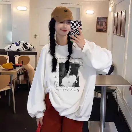 白色卫衣女2025新款爆款早秋薄款美式复古圆领套头宽松卡通上衣潮商品大图