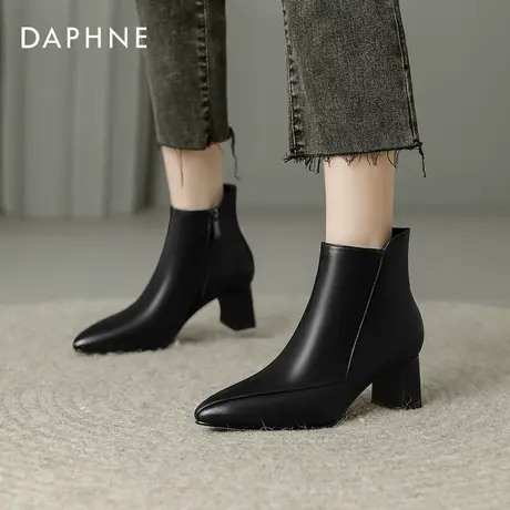 达芙妮短靴女2026新款冬季妈妈靴子尖头高跟鞋粗跟加绒马丁靴皮靴商品大图