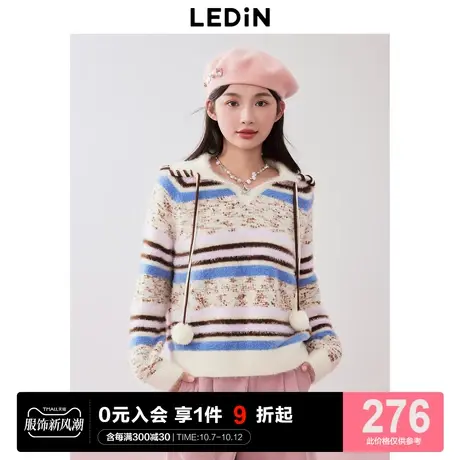 乐町软糯风翻领毛针织衫2023年冬季新款少女彩色条纹宽松套头毛衣商品大图
