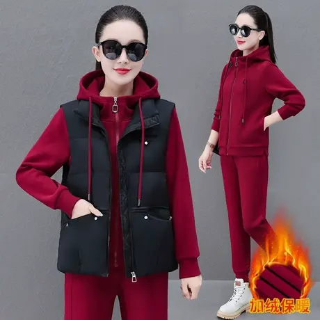 加绒加厚运动套装女秋冬2023年新款时尚休闲连帽卫衣马甲三件套潮商品大图