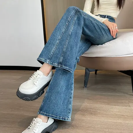 蓝色大喇叭牛仔裤女2023秋季新款马蹄裤高腰修身显瘦百搭微喇裤子图片