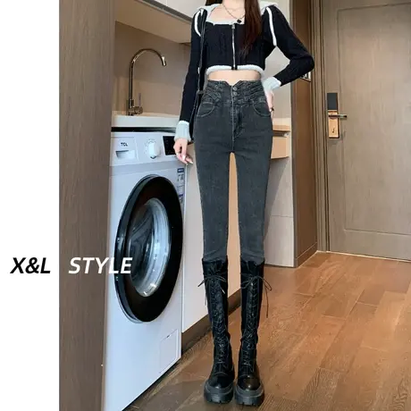 灰色设计感小脚牛仔裤女秋冬季2023新款加绒加厚外穿紧身铅笔裤子图片