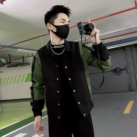 华夫格撞色拼接设计感轻熟夹克男秋冬潮牌痞帅个性加棉翻领厚外套图片