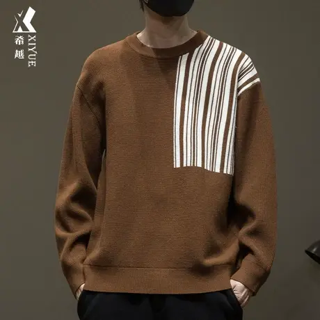 希越元宝针美式撞色拼接毛衣秋冬季内搭打底衫潮流青年线衣高级感图片