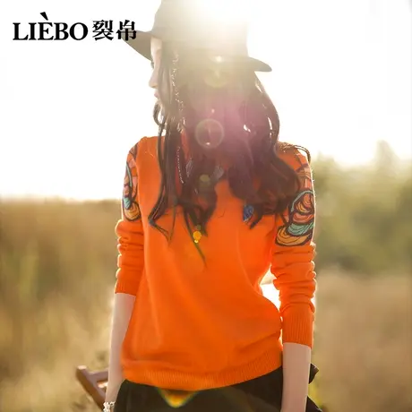 裂帛原创设计刺绣热力感软糯圆领套头毛衣简约百搭内搭休闲上衣女图片