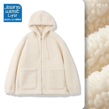真维斯LIFE连帽外套女2023新款爆款冬季颗粒绒加绒加厚羊羔绒开衫商品大图