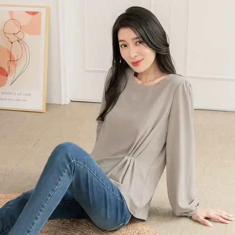 桔熊春秋季纯色优雅收腰抓褶雪纺衫泡泡袖上衣轻熟女大码AB16210商品大图