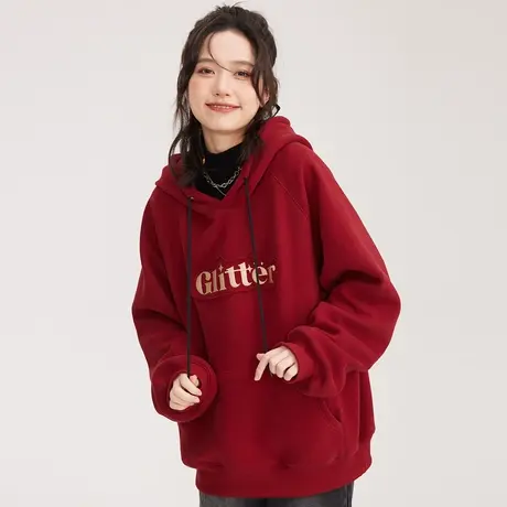 尔给新年红色卫衣连帽美潮红色卫衣女加绒2023秋冬新款宽松小个子图片