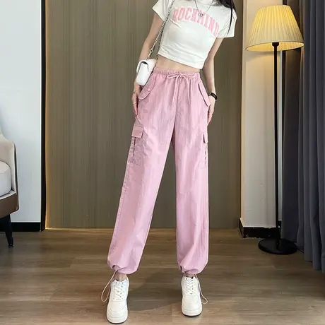粉色美式速干工装裤女春秋新款高腰休闲冰丝束脚运动阔腿灯笼裤子商品大图