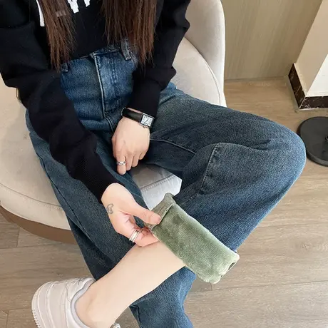 蓝色加绒阔腿牛仔裤女冬季新款高腰垂感直筒宽松显瘦加厚拖地长裤商品大图