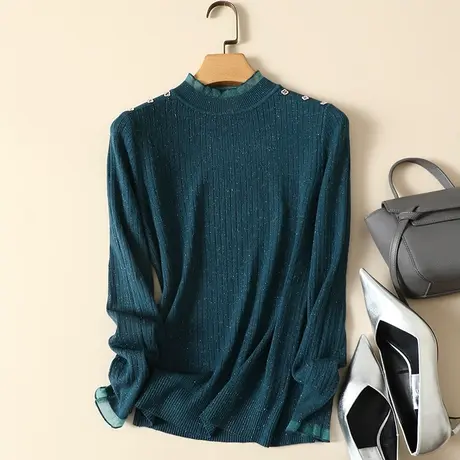 秋冬2022年新款蕾丝拼接半高领女士内搭针织显瘦洋气打底衫毛衣女商品大图