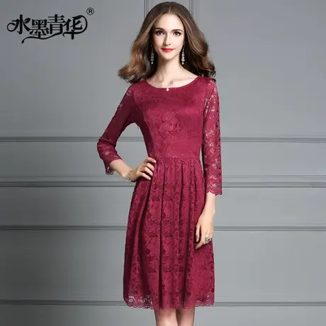 【1件7.9折】冬装新品时尚女装简约圆领七分袖修身显瘦蕾丝连衣裙图片