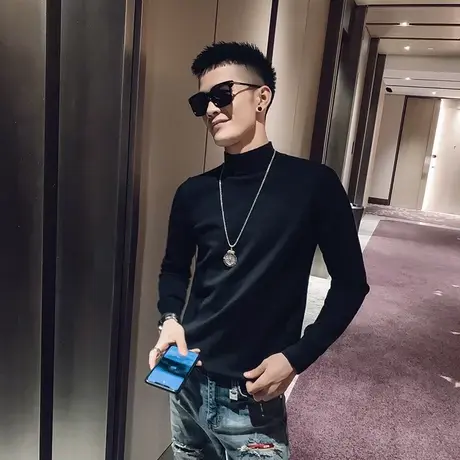 2024冬季新款潮男半高领纯色毛衣网红潮牌百搭时尚休闲快手针织衫商品大图