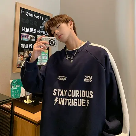 条纹卫衣男春秋季字母印花美式潮牌打底拼接撞色宽松大码复古上衣商品大图