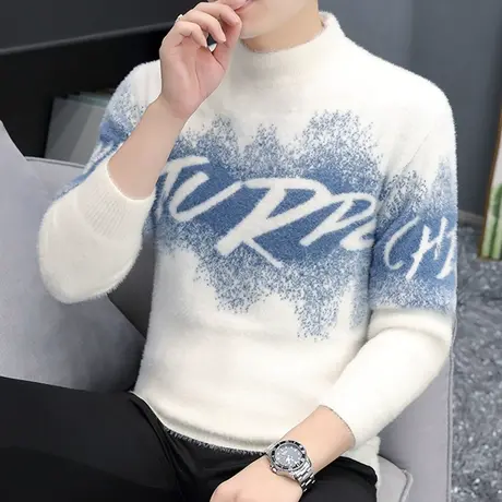 半高领水貂绒毛衣男士秋冬季羊绒衫加厚打底衫保暖提花字母上衣图片