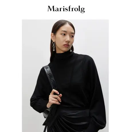 【100%羊毛】玛丝菲尔女装21秋冬新款黑色高领套头毛针织衫毛衣女商品大图