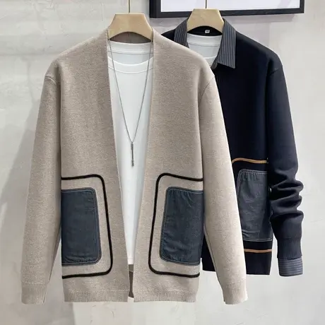 口袋设计秋季开衫男士长袖针织衫薄外套修身青年外穿上衣潮牌2023商品大图