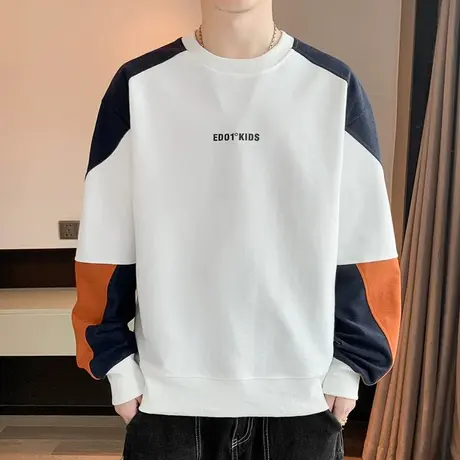 重磅圆领卫衣男潮牌个性拼接百搭套头衫长袖上衣服春秋装休闲外套商品大图