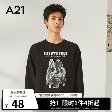 A21outlets男装宽松圆领落肩长袖美式黑色秋季男士情侣潮女生卫衣图片