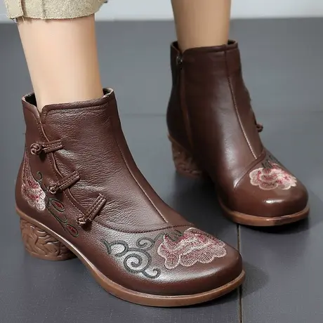 真皮民族风妈妈棉皮鞋女短靴中跟加绒大码中年41-43冬季新款2023图片