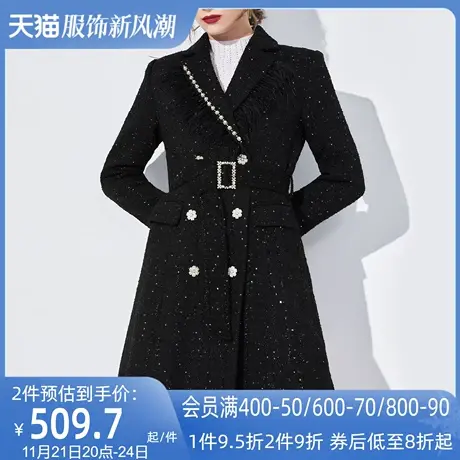 AUI黑色高端羽毛拼接毛呢外套女2023新款冬季气质双排扣呢子大衣图片