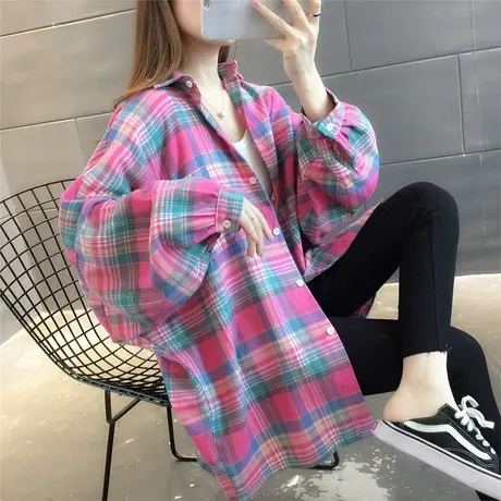 2023年春秋新款韩版复古格子宽松显瘦洋气长袖百搭时尚衬衫女上衣商品大图