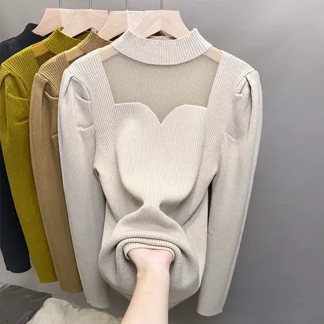 半高领毛衣女打底衫2023秋冬新款套头蕾丝针织衫内搭泡泡袖上衣潮商品大图