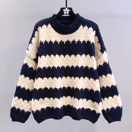 撞色条纹套头毛衣女秋冬2023新款日系慵懒风宽松高级感针织衫上衣商品大图