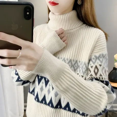 女士毛衣2023年秋冬新款加厚两翻领宽松针织高领打底衫女洋气内搭图片