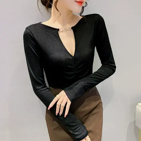 洋气V领打底衫女内搭春秋性感镂空欧货长袖T恤紧身个性褶皱上衣潮图片