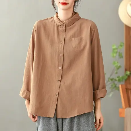 dza 复古polo领亚麻上衣女2023春秋新款宽松衬衣休闲纯色棉麻衬衫商品大图
