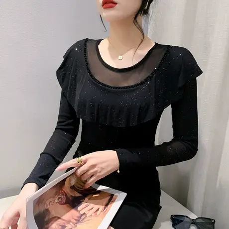 性感网纱打底衫女长袖2024秋季新款时尚洋气荷叶边T恤修身上衣潮图片
