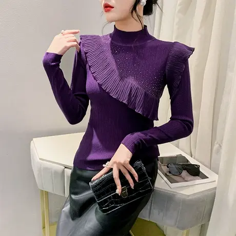 性感不规则木耳边针织衫欧货烫钻复古T恤女长袖洋气修身套头毛衣商品大图