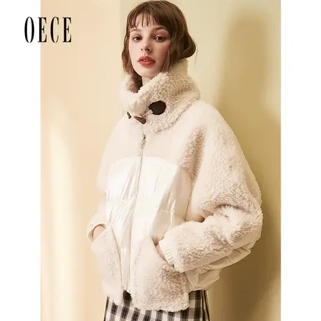 Oece冬新款女小个子羊羔毛短外套个性拼接短款羽绒服商品大图