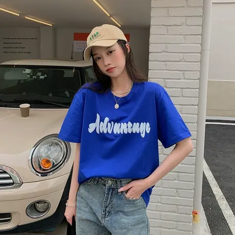 克莱因蓝ins潮牌美式短袖t恤女2023夏季新款小众oversize纯棉上衣商品大图