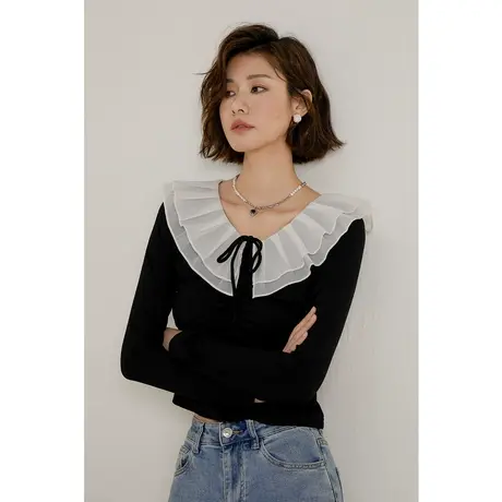 弥古撞色荷叶边上衣短款法式长袖针织衫女春秋设计感内搭打底t恤商品大图