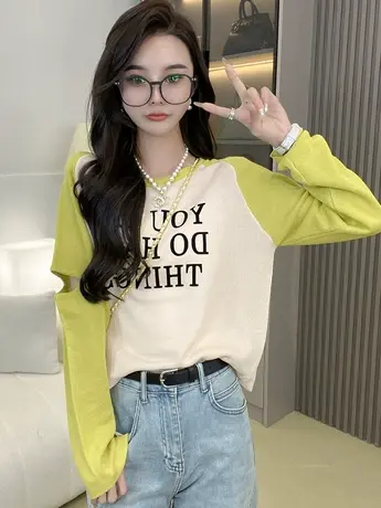 针织长袖T恤女春夏新款破洞袖子拼接撞色字母潮上衣薄款透气小衫商品大图